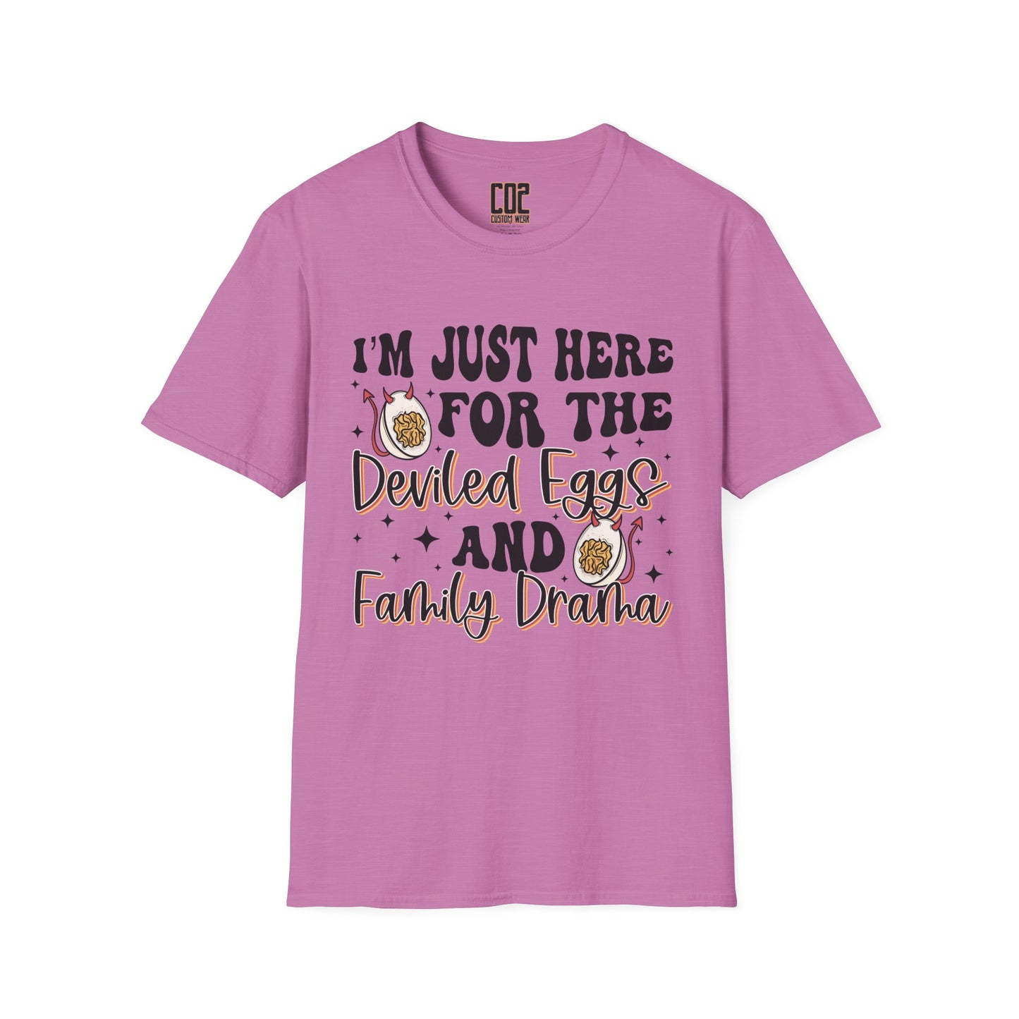 Just Here For The Deviled Eggs Family Gathering T-Shirt, Casual Family Reunion Wear, Egg Lovers Tee, Unisex Softstyle T-Shirt, Easter Celebration Attire
