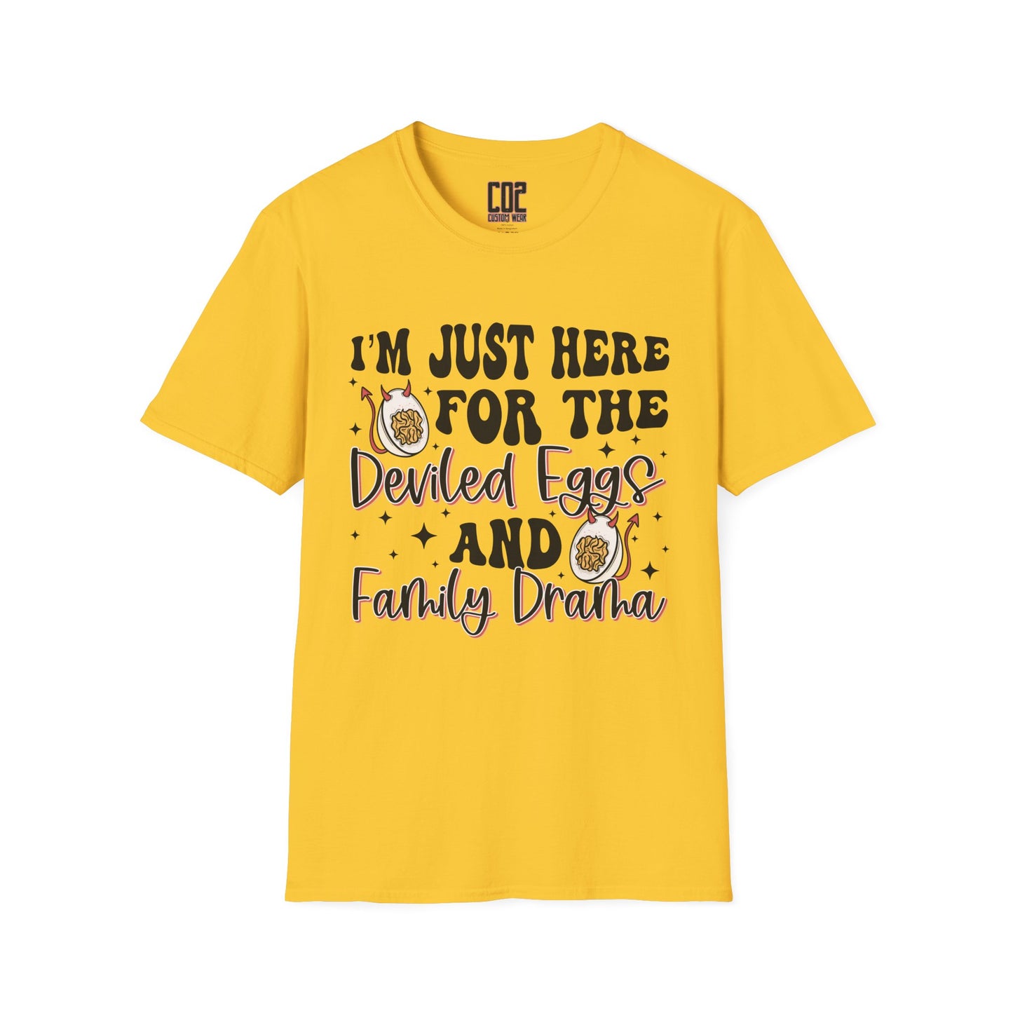 Just Here For The Deviled Eggs Family Gathering T-Shirt, Casual Family Reunion Wear, Egg Lovers Tee, Unisex Softstyle T-Shirt, Easter Celebration Attire