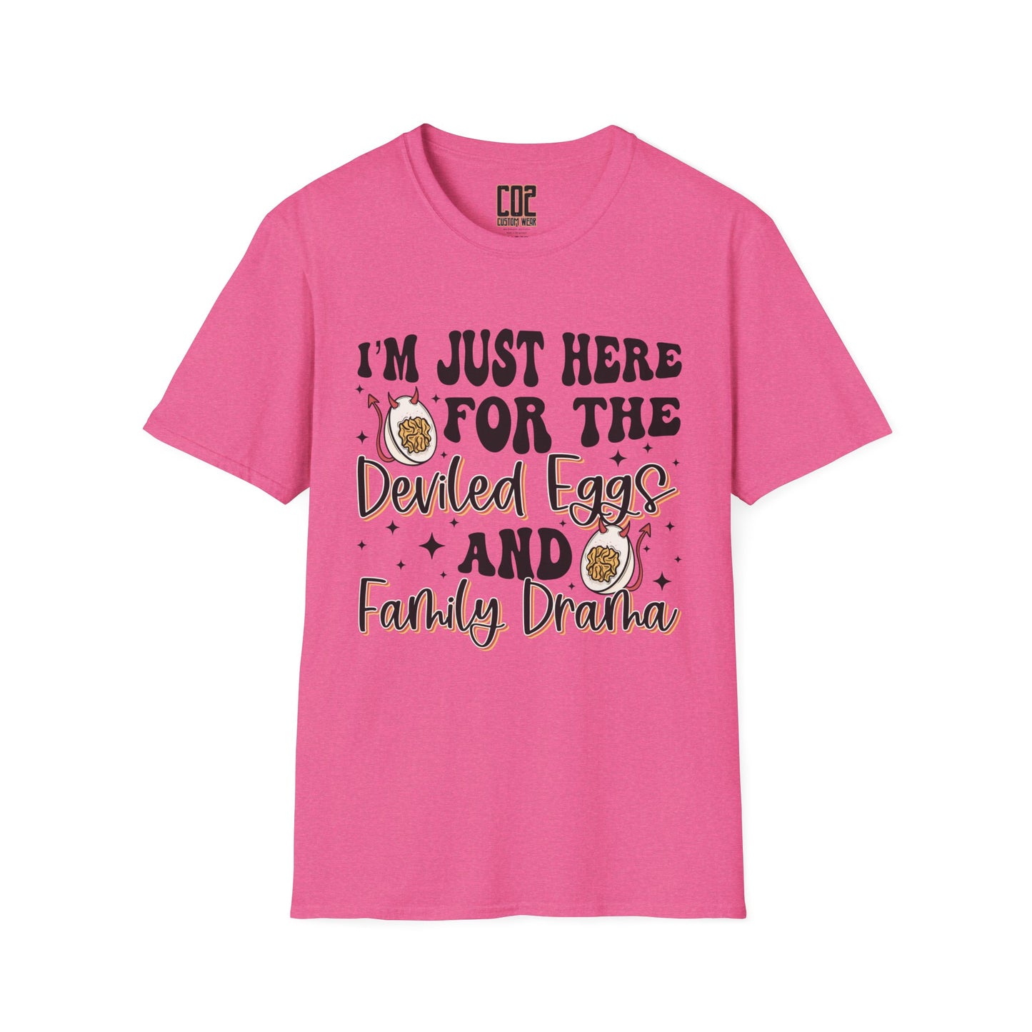 Just Here For The Deviled Eggs Family Gathering T-Shirt, Casual Family Reunion Wear, Egg Lovers Tee, Unisex Softstyle T-Shirt, Easter Celebration Attire