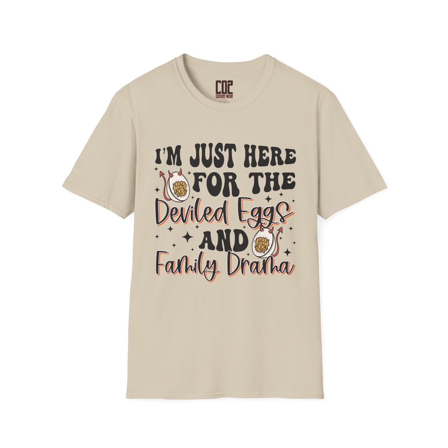 Just Here For The Deviled Eggs Family Gathering T-Shirt, Casual Family Reunion Wear, Egg Lovers Tee, Unisex Softstyle T-Shirt, Easter Celebration Attire