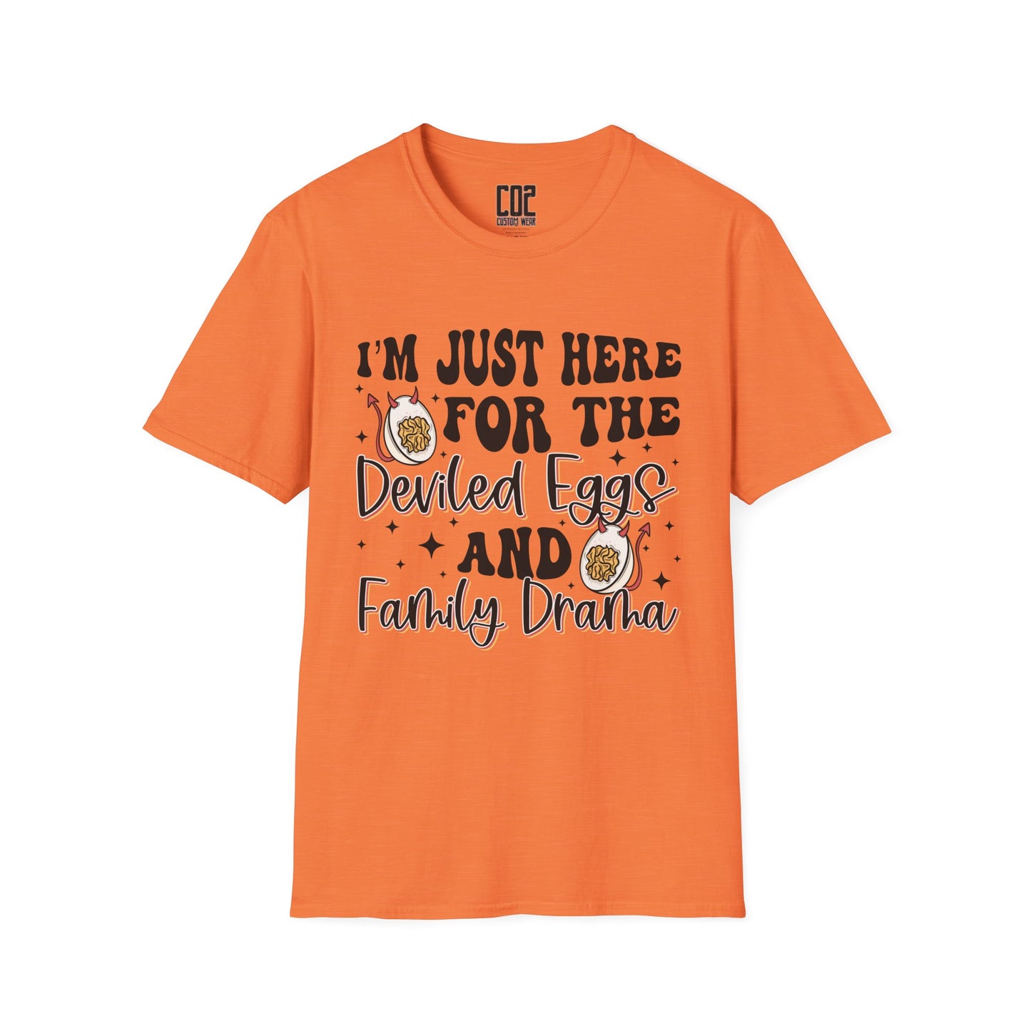 Just Here For The Deviled Eggs Family Gathering T-Shirt, Casual Family Reunion Wear, Egg Lovers Tee, Unisex Softstyle T-Shirt, Easter Celebration Attire