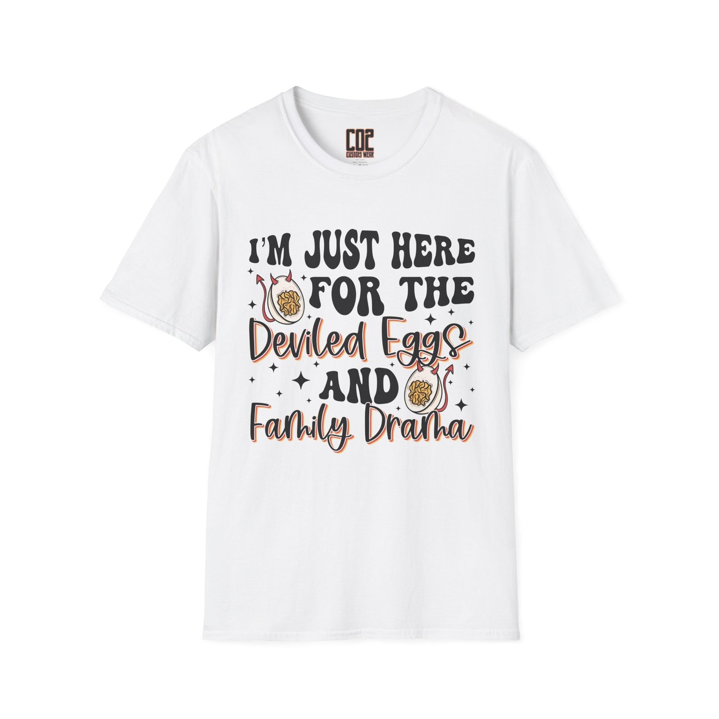 Just Here For The Deviled Eggs Family Gathering T-Shirt, Casual Family Reunion Wear, Egg Lovers Tee, Unisex Softstyle T-Shirt, Easter Celebration Attire