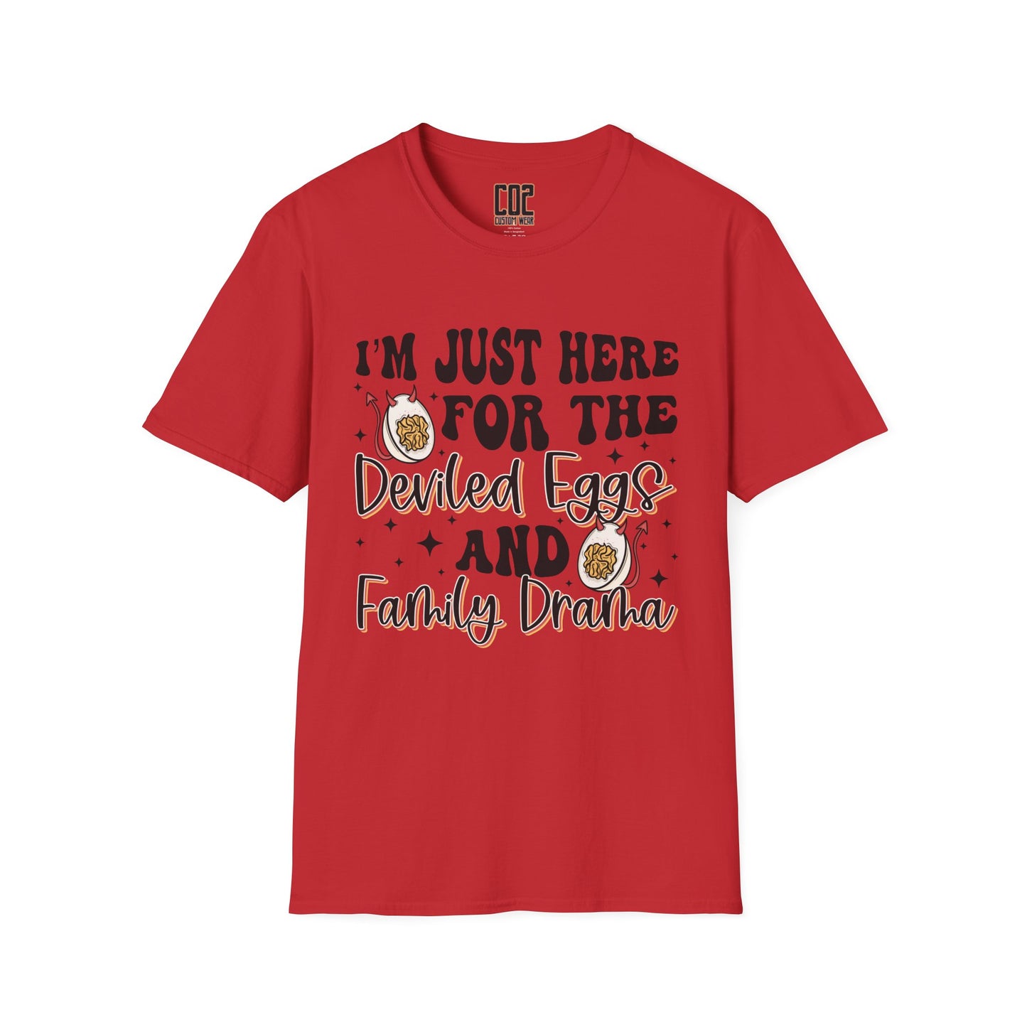 Just Here For The Deviled Eggs Family Gathering T-Shirt, Casual Family Reunion Wear, Egg Lovers Tee, Unisex Softstyle T-Shirt, Easter Celebration Attire