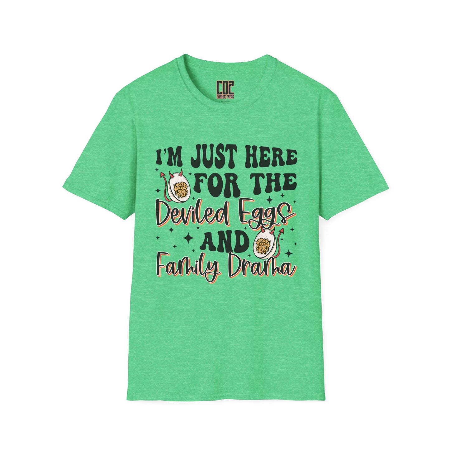 Just Here For The Deviled Eggs Family Gathering T-Shirt, Casual Family Reunion Wear, Egg Lovers Tee, Unisex Softstyle T-Shirt, Easter Celebration Attire