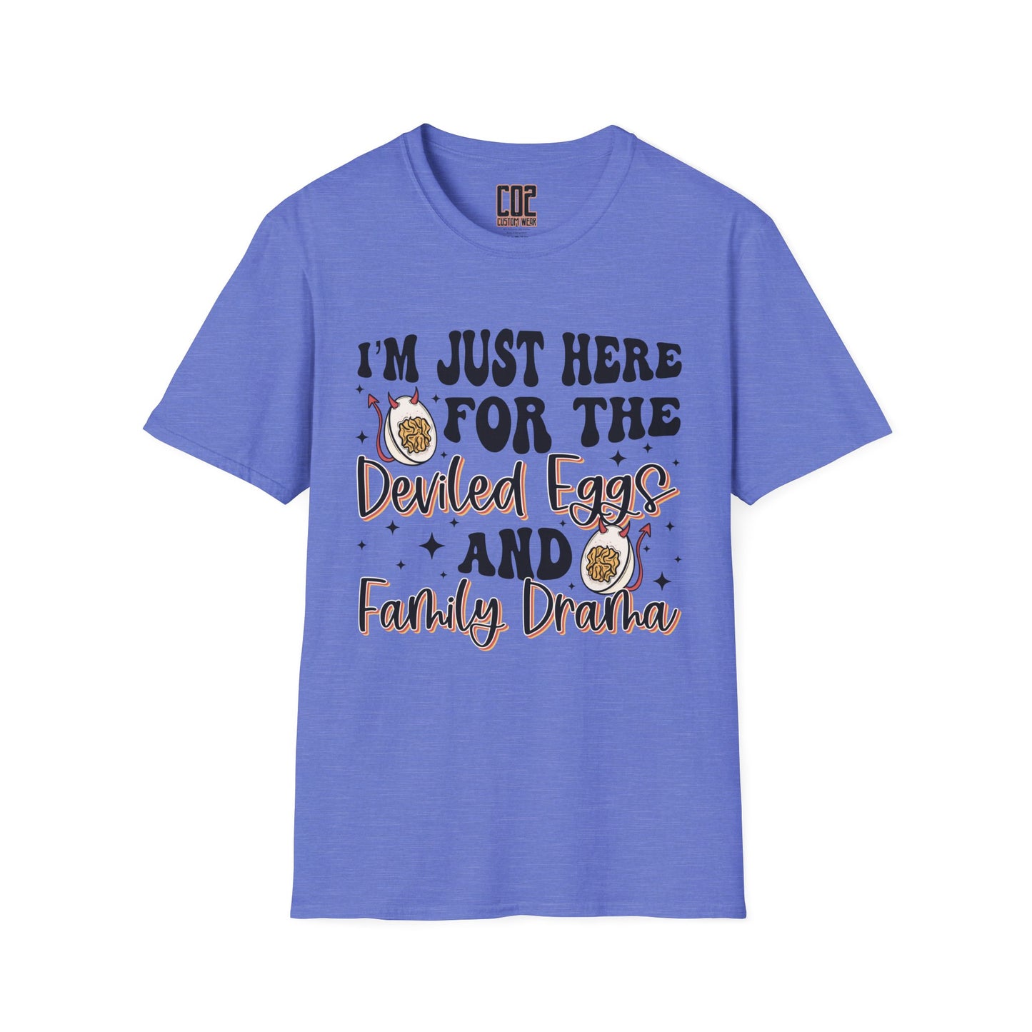 Just Here For The Deviled Eggs Family Gathering T-Shirt, Casual Family Reunion Wear, Egg Lovers Tee, Unisex Softstyle T-Shirt, Easter Celebration Attire