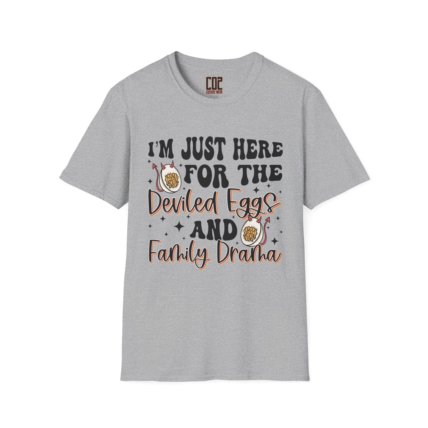 Just Here For The Deviled Eggs Family Gathering T-Shirt, Casual Family Reunion Wear, Egg Lovers Tee, Unisex Softstyle T-Shirt, Easter Celebration Attire