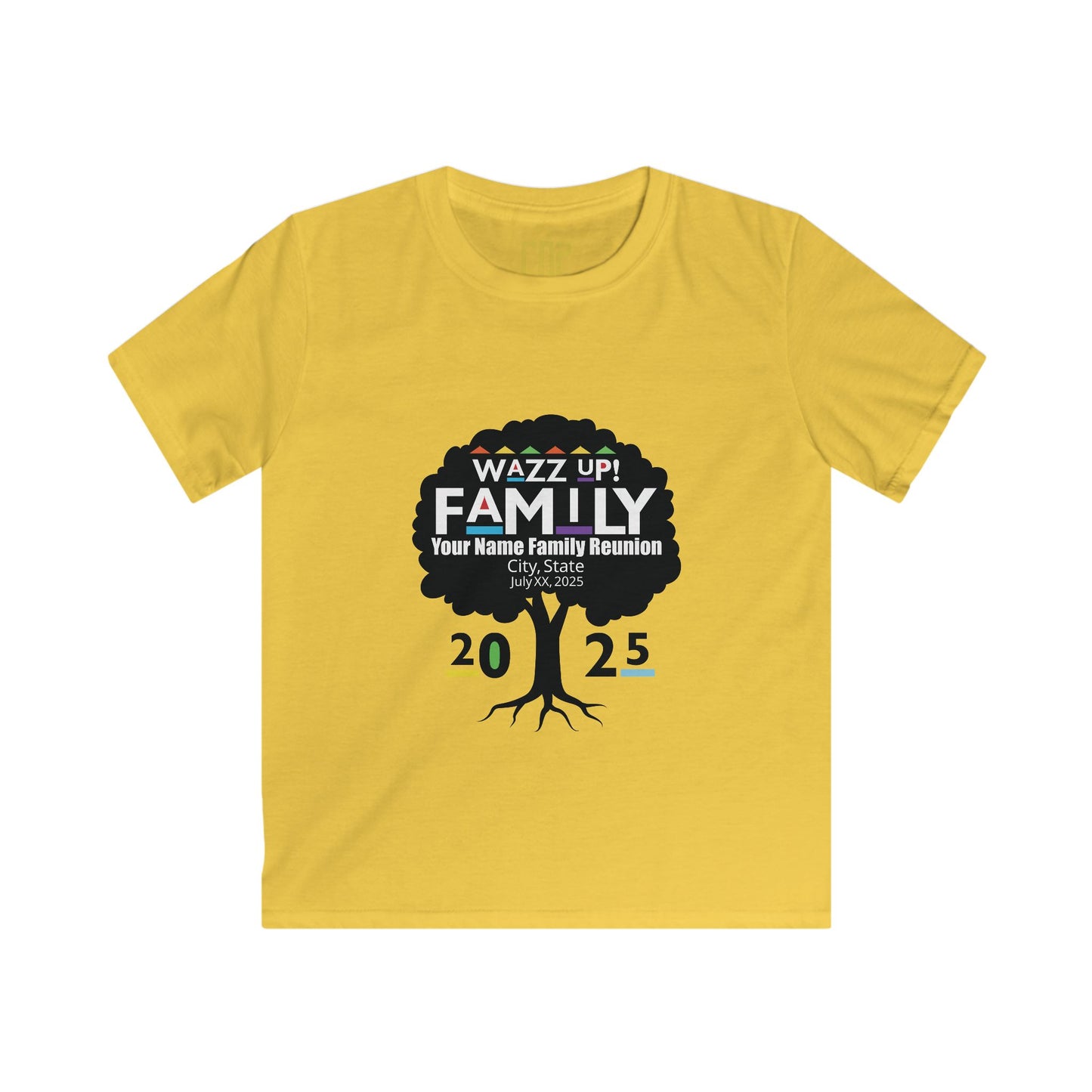 Family Reunion Kids Tee, Personalized Family Shirt, Kids Softstyle Tee, Fun Family Gathering Outfit, Wazz Up Family 2025 T-Shirt
