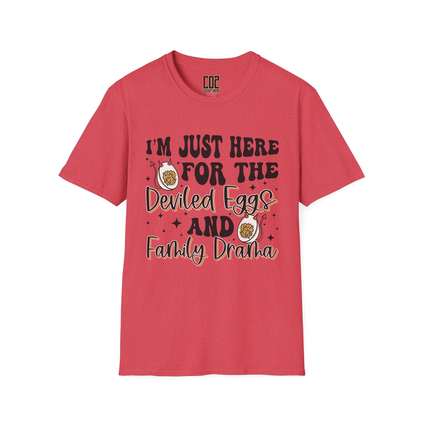 Just Here For The Deviled Eggs Family Gathering T-Shirt, Casual Family Reunion Wear, Egg Lovers Tee, Unisex Softstyle T-Shirt, Easter Celebration Attire