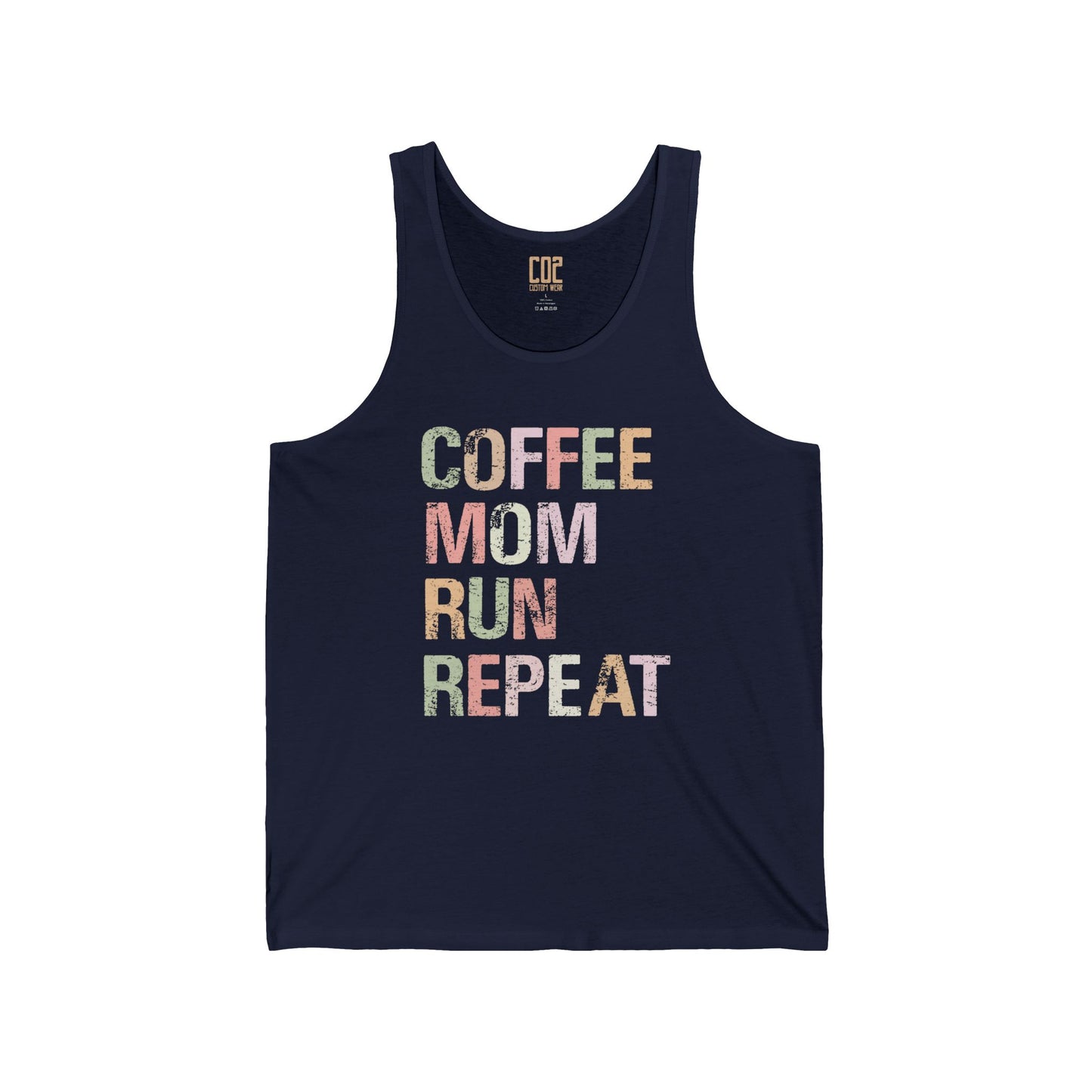 Coffee Mom Run Repeat Unisex Jersey Tank | Cute Mom Gift, Workout Apparel, Summer Top, Gift for Fitness Moms, Relaxed Fit Gymwear