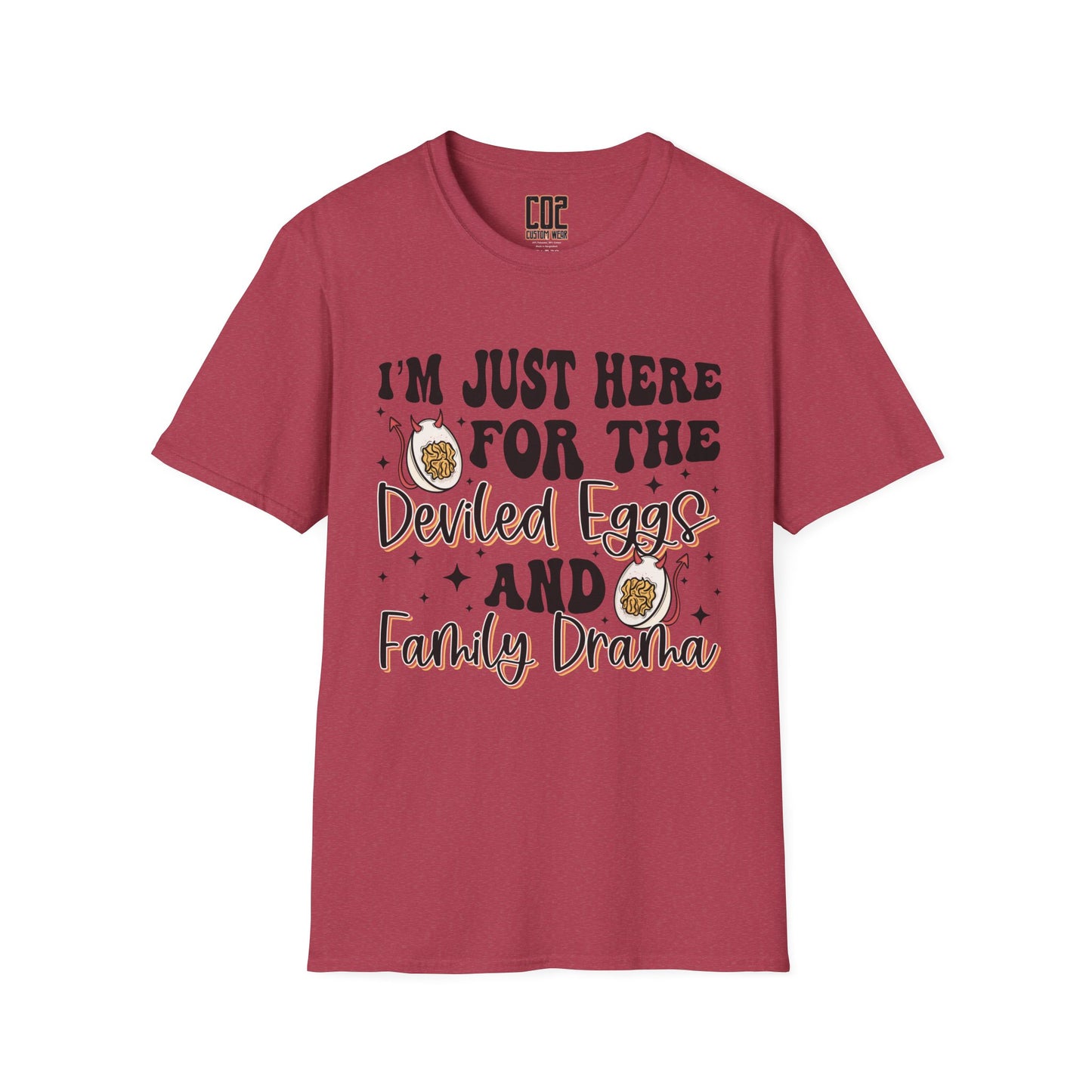 Just Here For The Deviled Eggs Family Gathering T-Shirt, Casual Family Reunion Wear, Egg Lovers Tee, Unisex Softstyle T-Shirt, Easter Celebration Attire