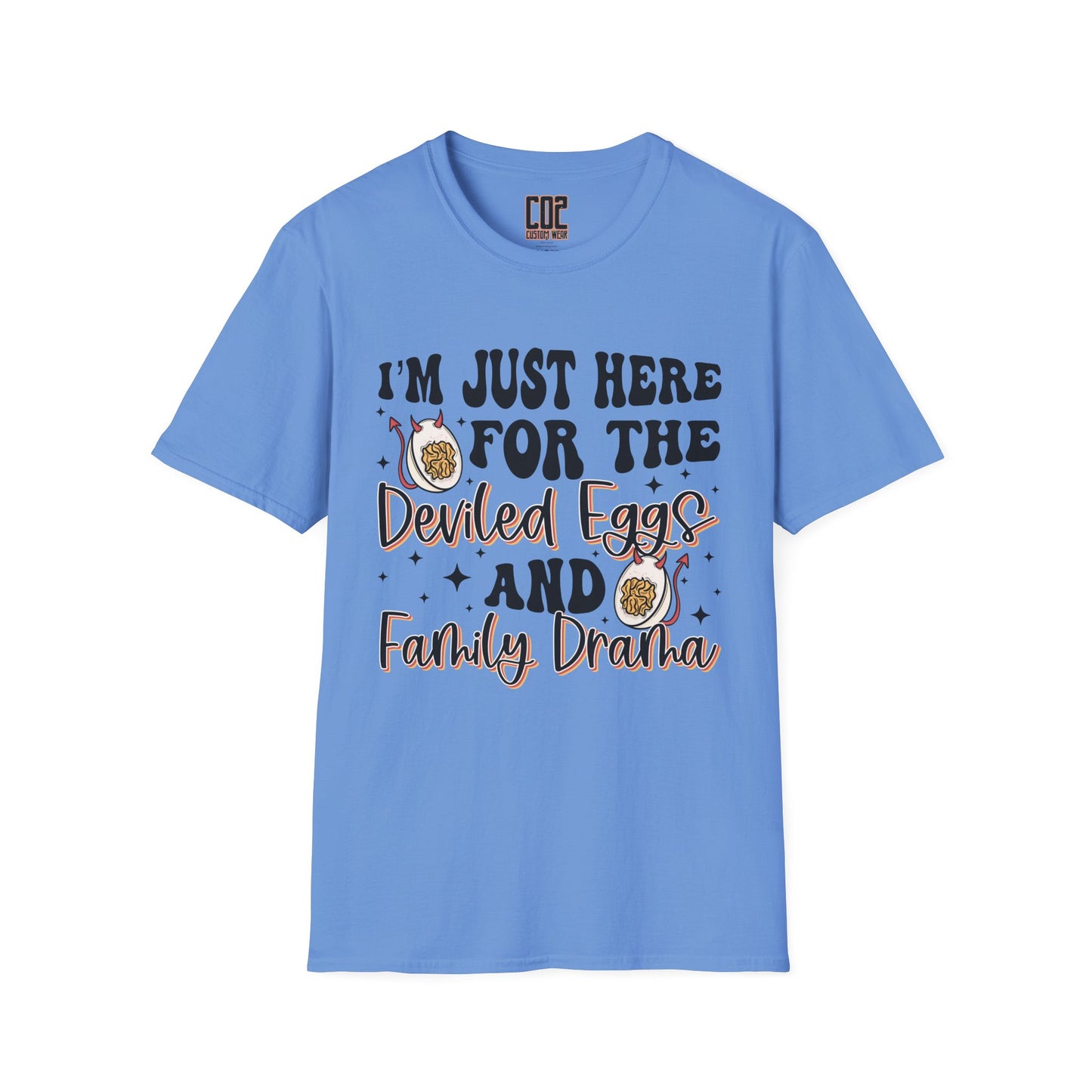 Just Here For The Deviled Eggs Family Gathering T-Shirt, Casual Family Reunion Wear, Egg Lovers Tee, Unisex Softstyle T-Shirt, Easter Celebration Attire