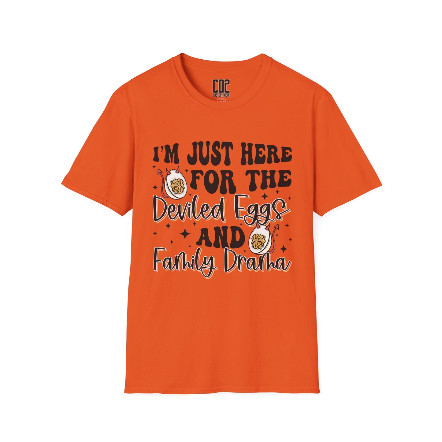 Just Here For The Deviled Eggs Family Gathering T-Shirt, Casual Family Reunion Wear, Egg Lovers Tee, Unisex Softstyle T-Shirt, Easter Celebration Attire