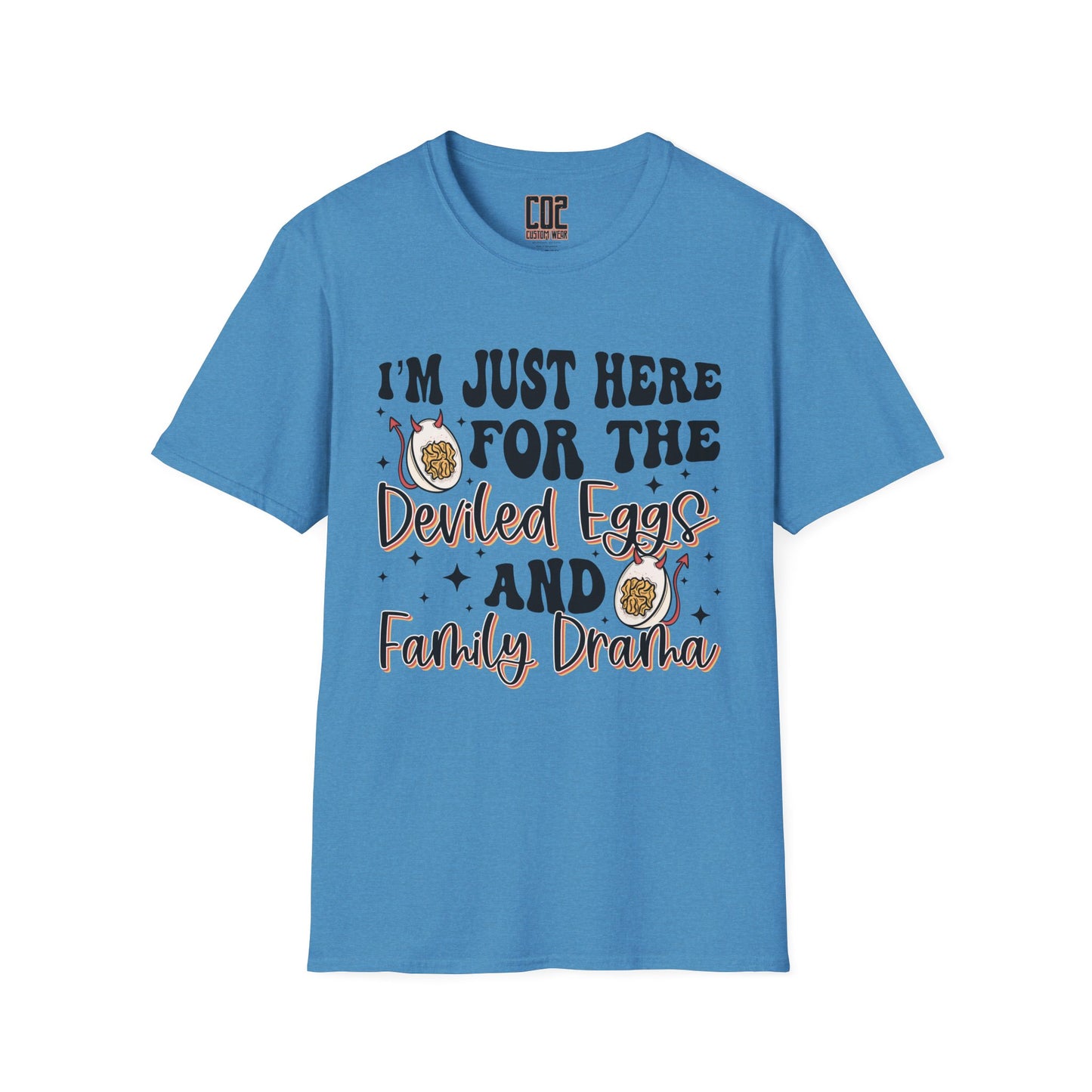 Just Here For The Deviled Eggs Family Gathering T-Shirt, Casual Family Reunion Wear, Egg Lovers Tee, Unisex Softstyle T-Shirt, Easter Celebration Attire