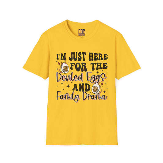 Just Here For The Deviled Eggs Family Gathering T-Shirt, Casual Family Reunion Wear, Egg Lovers Tee, Unisex Softstyle T-Shirt, Easter Celebration Attire