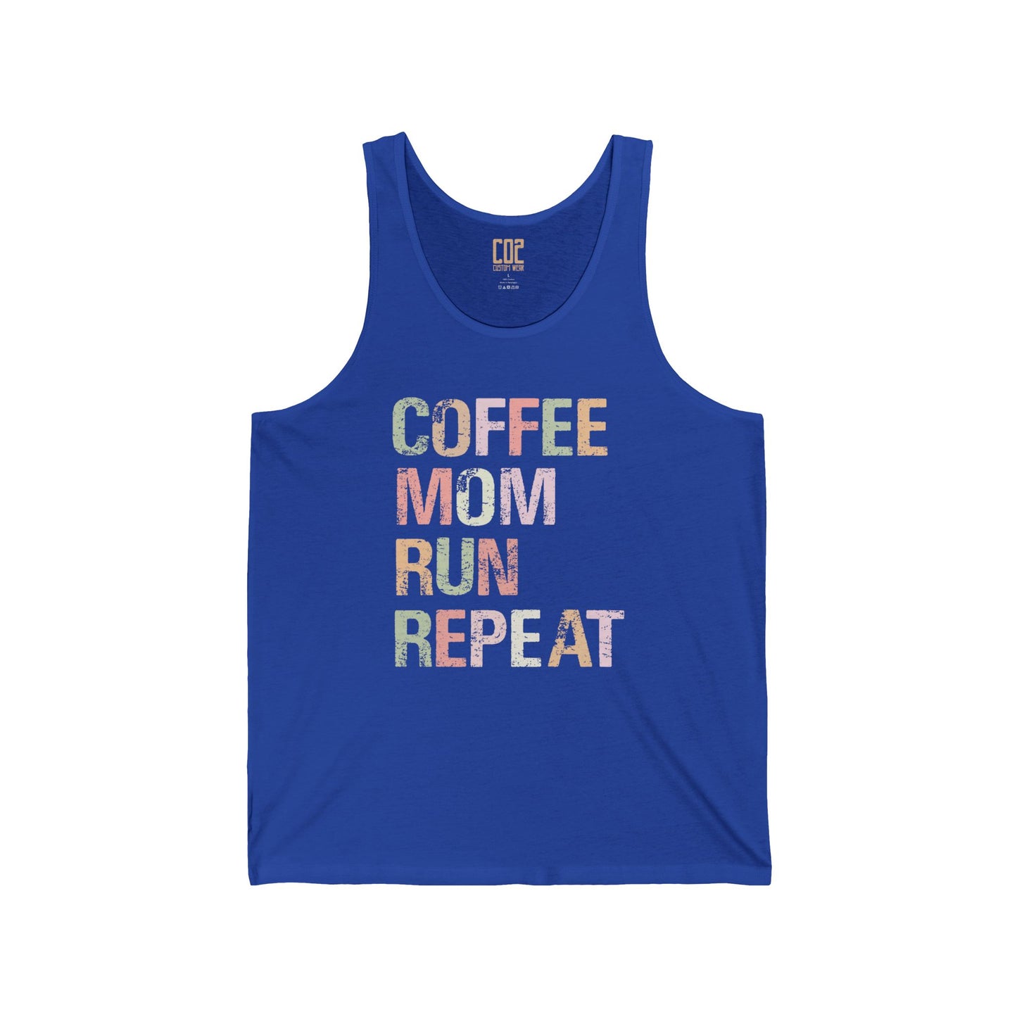 Coffee Mom Run Repeat Unisex Jersey Tank | Cute Mom Gift, Workout Apparel, Summer Top, Gift for Fitness Moms, Relaxed Fit Gymwear