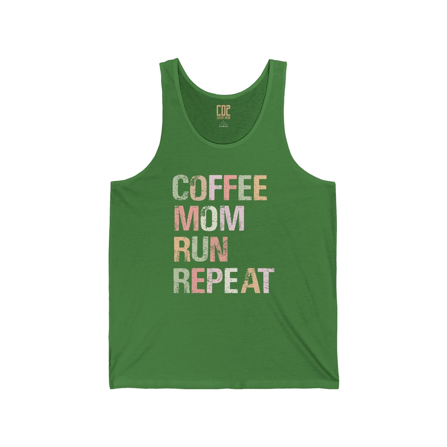 Coffee Mom Run Repeat Unisex Jersey Tank | Cute Mom Gift, Workout Apparel, Summer Top, Gift for Fitness Moms, Relaxed Fit Gymwear
