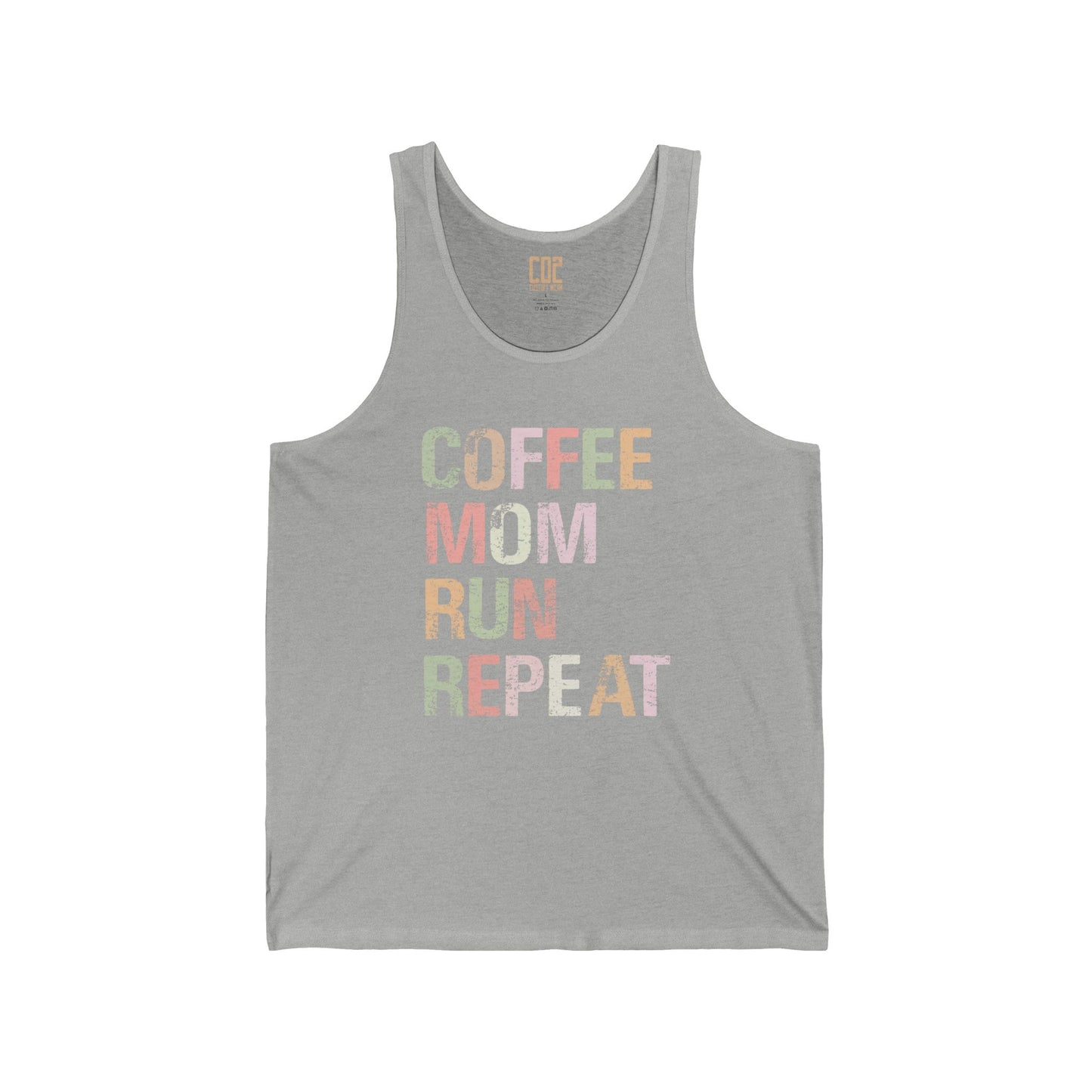 Coffee Mom Run Repeat Unisex Jersey Tank | Cute Mom Gift, Workout Apparel, Summer Top, Gift for Fitness Moms, Relaxed Fit Gymwear