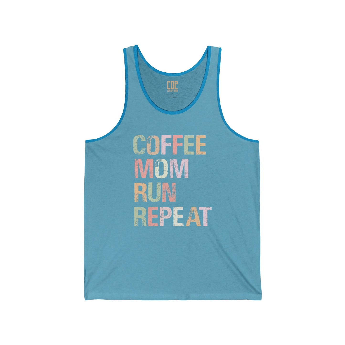 Coffee Mom Run Repeat Unisex Jersey Tank | Cute Mom Gift, Workout Apparel, Summer Top, Gift for Fitness Moms, Relaxed Fit Gymwear