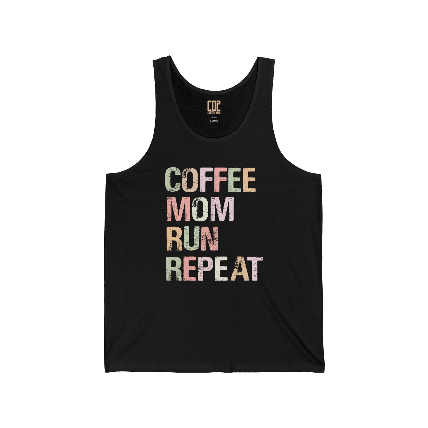 Coffee Mom Run Repeat Unisex Jersey Tank | Cute Mom Gift, Workout Apparel, Summer Top, Gift for Fitness Moms, Relaxed Fit Gymwear