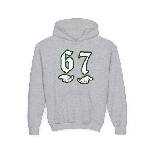 Youth Hoodie with "67" Retro Sports Number & Angel Wings Graphic