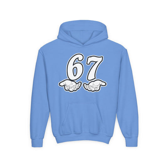 6 7 Youth Hoodie with '67' Graphic and Hand Illustration —  Sport Style Sweatshirt
