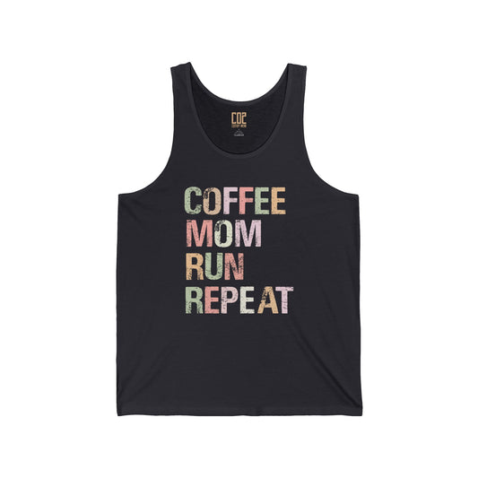 Coffee Mom Run Repeat Unisex Jersey Tank | Cute Mom Gift, Workout Apparel, Summer Top, Gift for Fitness Moms, Relaxed Fit Gymwear