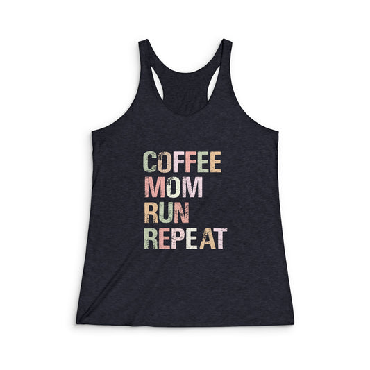 Coffee Mom Run Repeat Racerback Tank Top, Workout Shirt, Fitness Apparel, Gifts for Moms, Mother's Day, Running Gear, Casual Wear