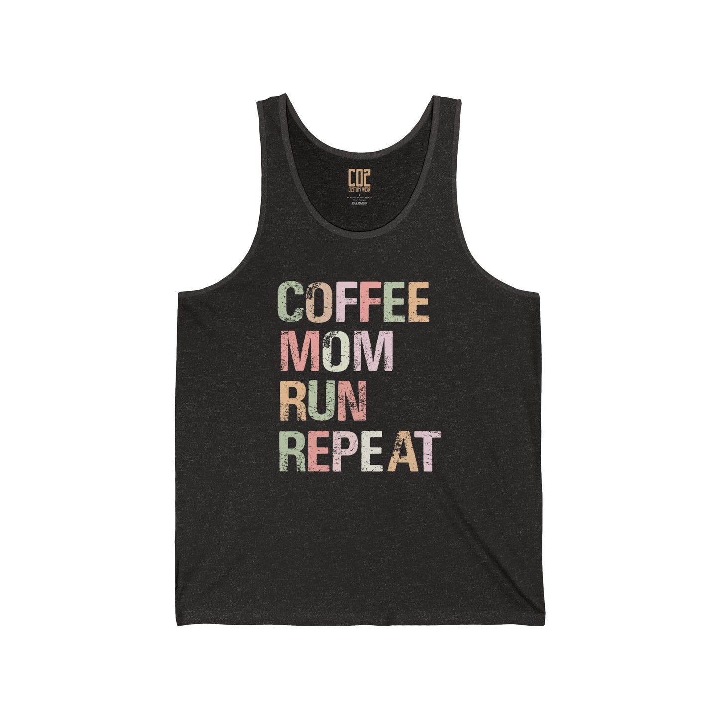 Coffee Mom Run Repeat Unisex Jersey Tank | Cute Mom Gift, Workout Apparel, Summer Top, Gift for Fitness Moms, Relaxed Fit Gymwear