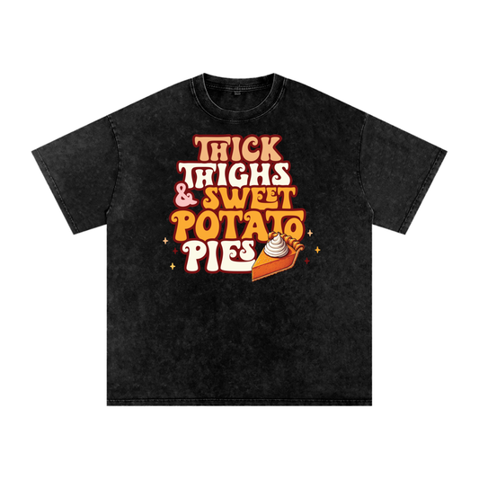 Thick Thighs & Sweet Potato Pies Snow Washed Oversized Cotton T-Shirt